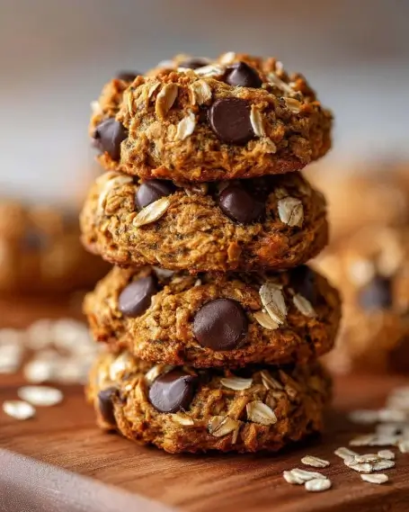 Stacked Healthy Pumpkin Oat Cookies with Chocolate Chips Stack of healthy pumpkin oat cookies with chocolate chips and oats on top, placed on a wooden board with scattered rolled oats.