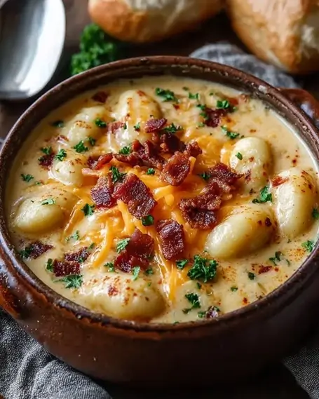 Rustic bowl of creamy gnocchi soup topped with crispy bacon, melted cheddar cheese, and parsley, served with bread rolls