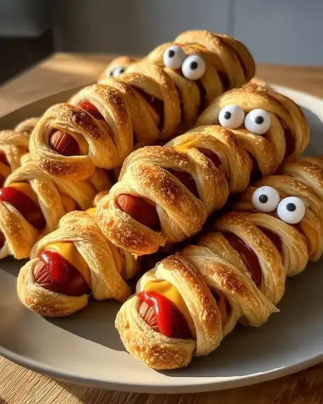 Plate of mummy hot dogs wrapped in golden puff pastry strips with candy eyes for Halloween.
