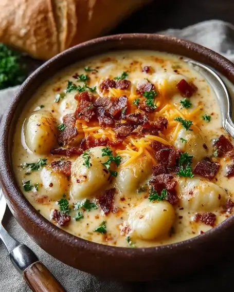 Close-up of creamy gnocchi soup with crispy bacon, melted cheddar cheese, and parsley in a rustic bowl