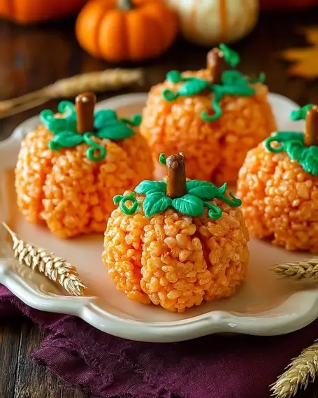 Pumpkin-shaped Rice Krispies treats decorated with green frosting leaves and pretzel sticks as stems, served on a white plate.