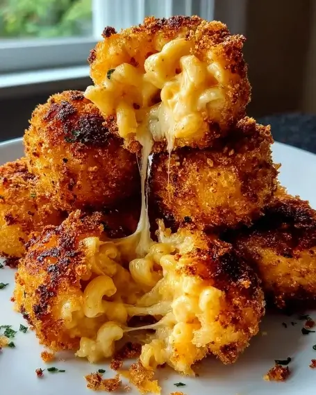 Stack of golden, crispy air fryer mac and cheese balls with gooey melted cheese stretching between pieces.