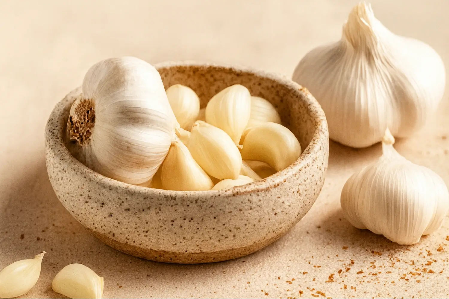Fresh garlic cloves and bulbs in a rustic ceramic bowl on a light beige surface.