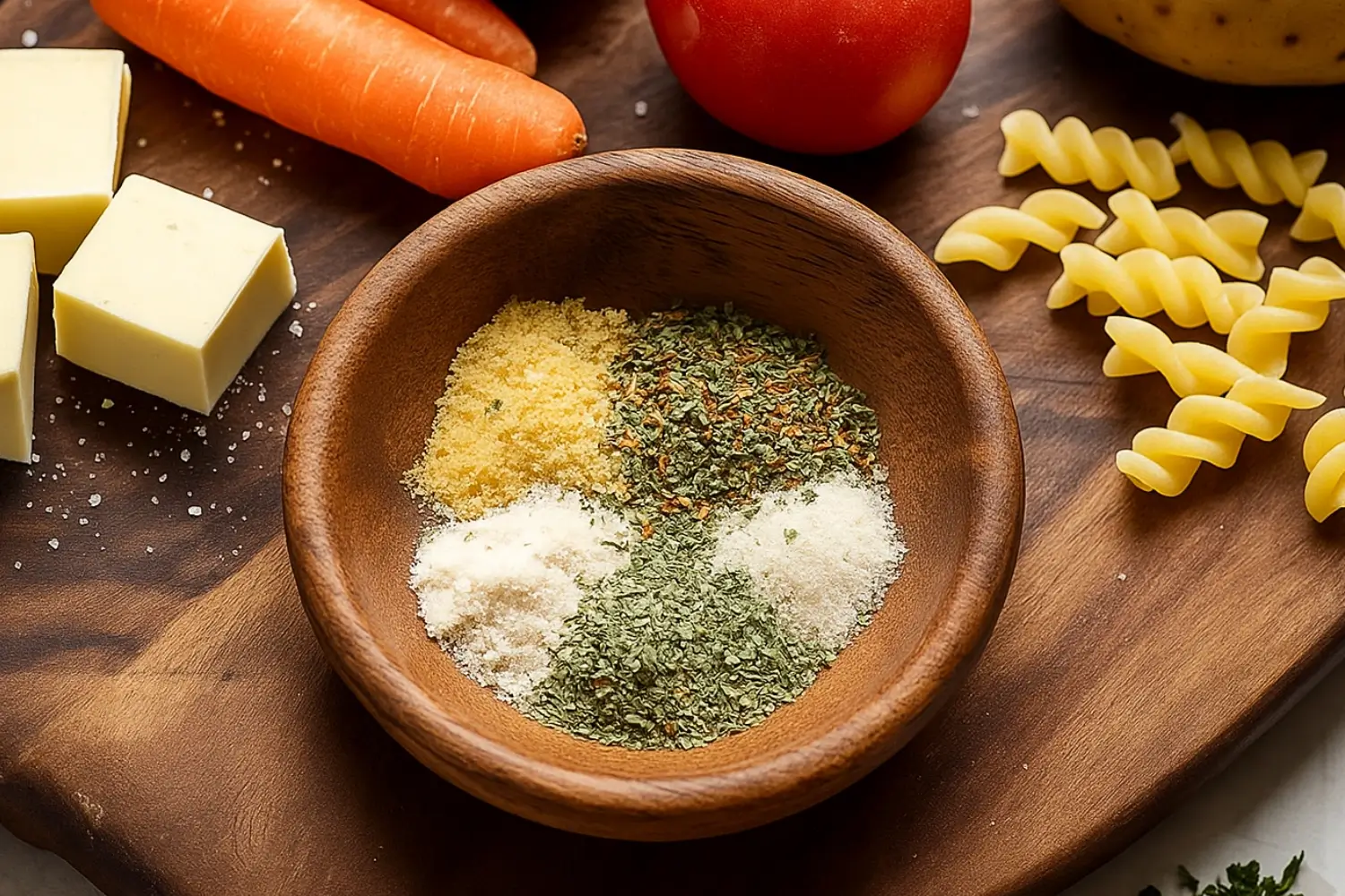 Wooden bowl filled with garlic herb seasoning mix surrounded by cheese cubes, pasta, carrots, tomato, and salt on a wooden board.