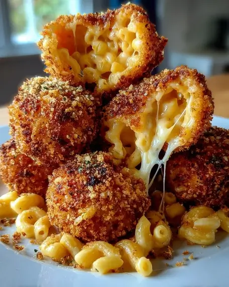 Golden-brown air fryer mac and cheese balls stacked on a plate with melted cheese oozing out and extra macaroni scattered around.