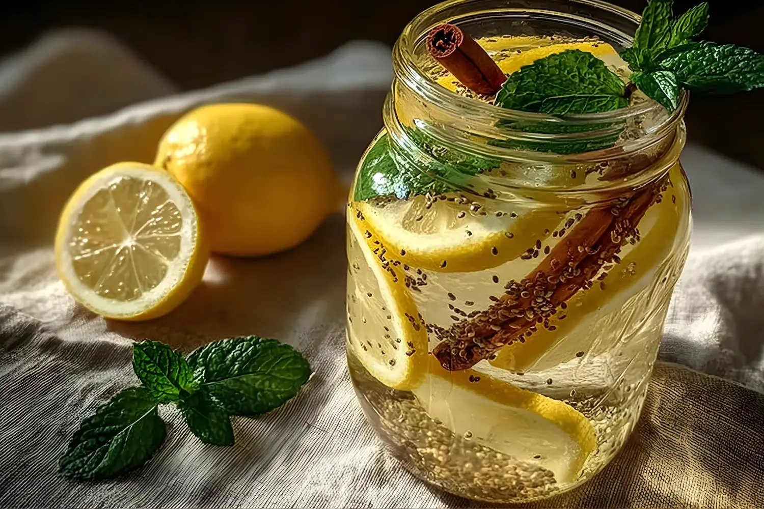 Lemon mint detox water with cinnamon stick and chia seeds in a mason jar, placed on a fabric surface.