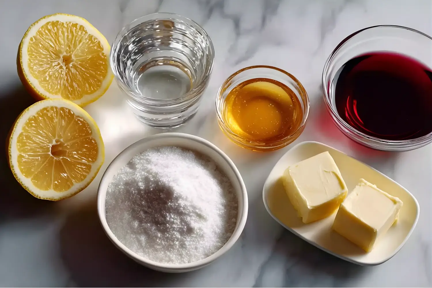 Lemon halves, butter, honey, sugar, red syrup, and water arranged neatly on a marble countertop.