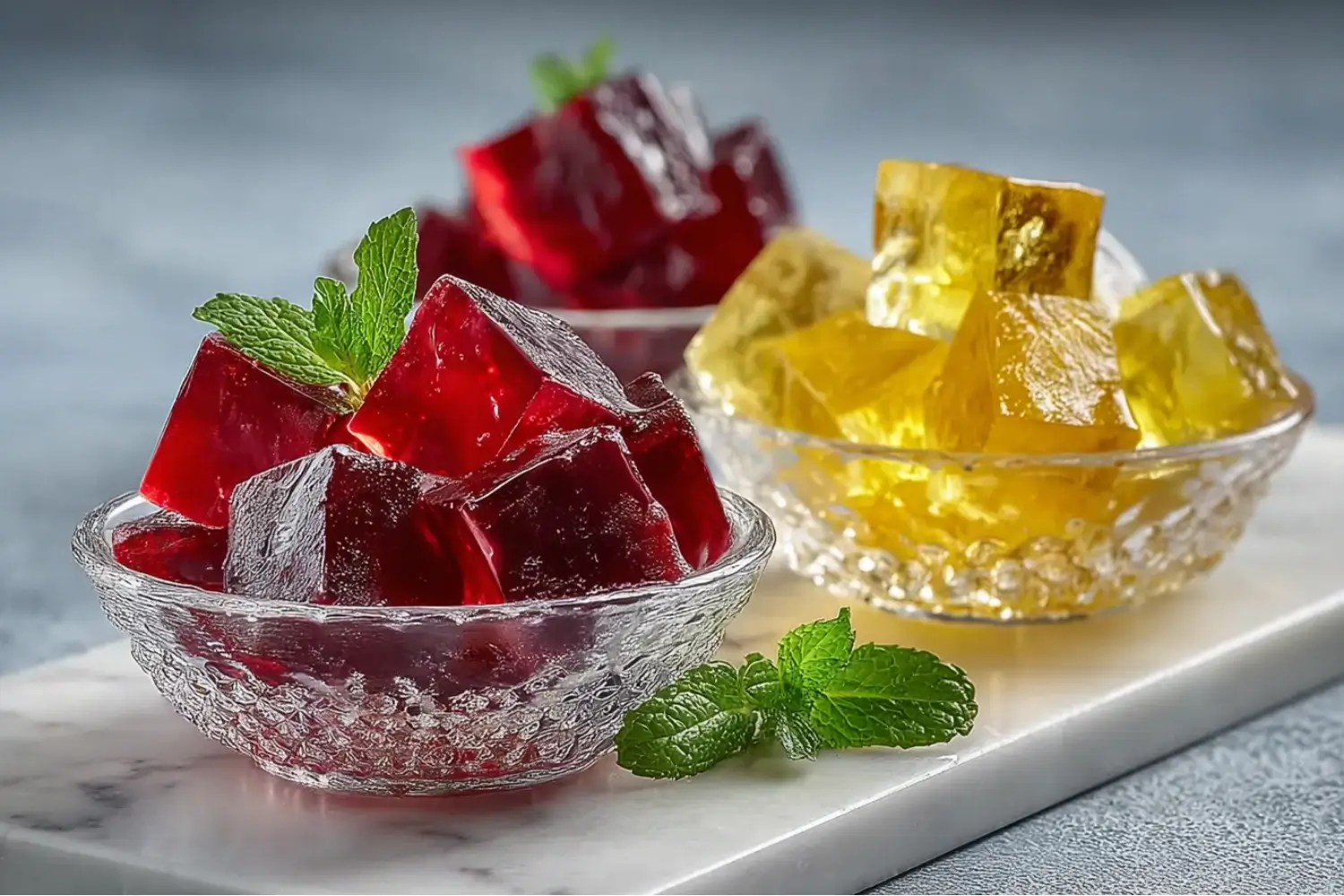 Red and yellow gelatin cubes served in glass bowls, garnished with fresh mint leaves on a marble board.