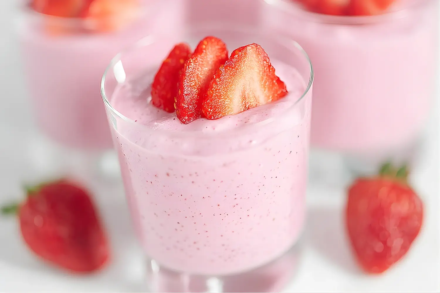 Smooth strawberry mousse served in a glass and topped with fresh strawberry slices