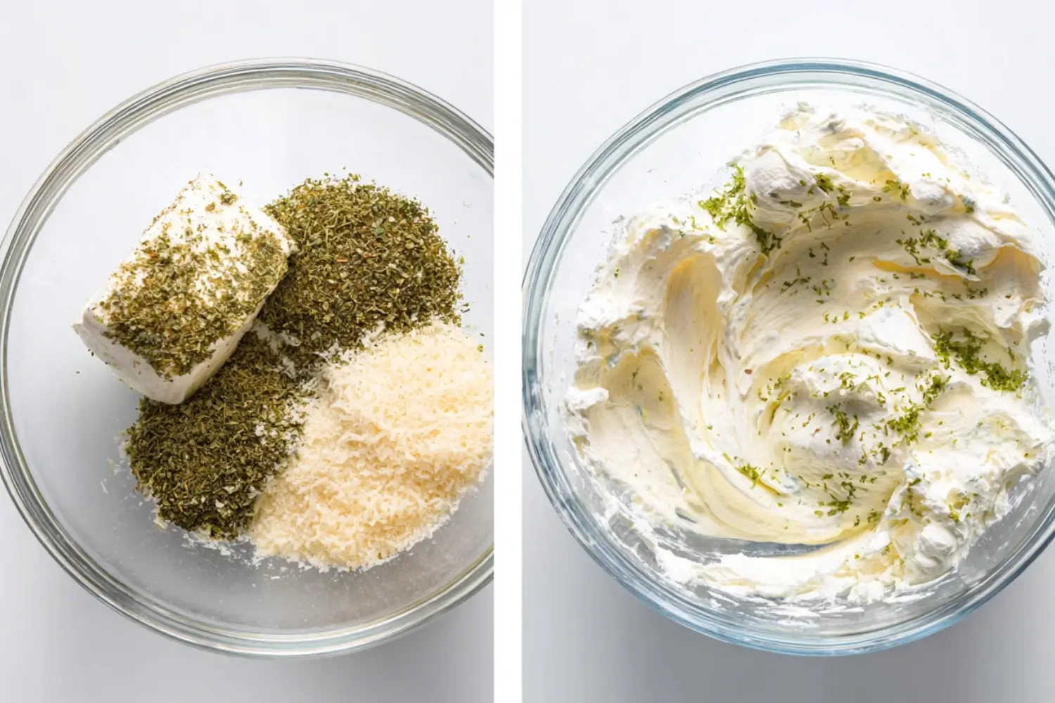 Step-by-step image showing cream cheese, herbs, and grated cheese in a bowl before and after mixing into a smooth herb cream cheese spread.
