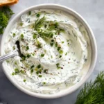Bowl of creamy garlic herb cheese spread with fresh dill and chives, served with bread.