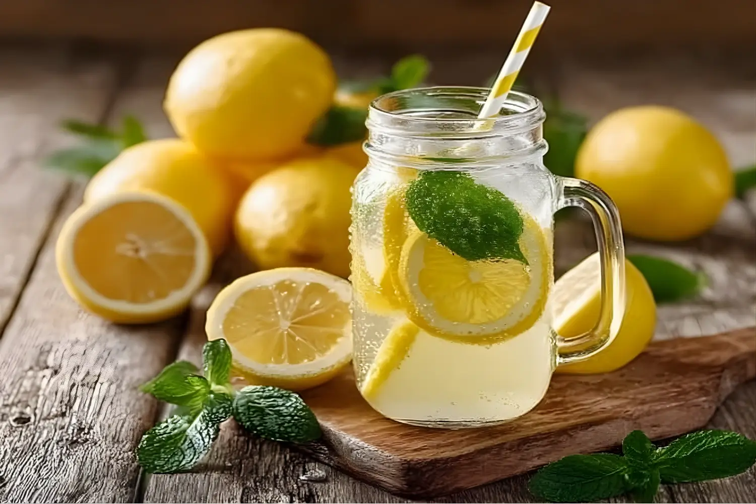 Refreshing homemade lemonade in a mason jar with lemon slices, mint leaves, and a yellow-striped straw on a rustic wooden table.