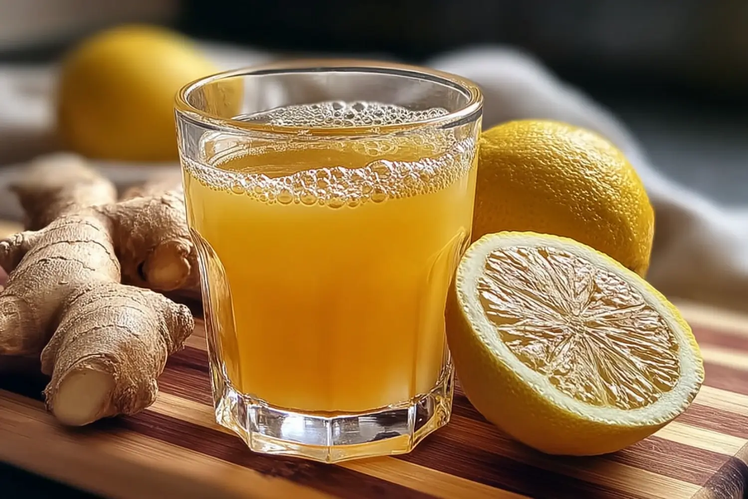 A glass of Natural Mounjaro Recipe: The Viral Brazilian, Japanese, & 3-Ingredient Detox Drinks, made with lemon and ginger juice on a wooden board.
