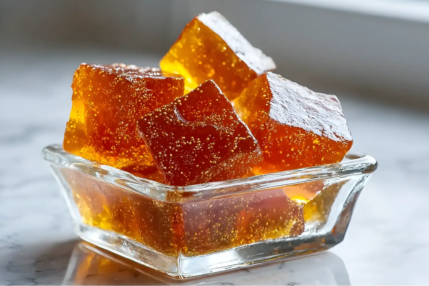 Amber gelatin cubes with bubbles in a clear glass bowl on a marble surface