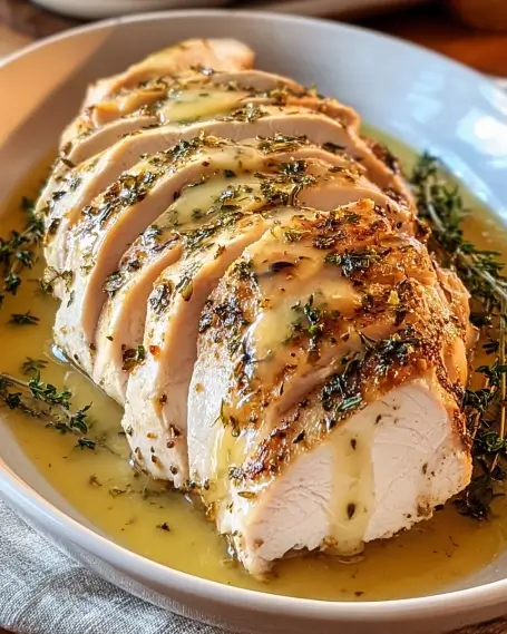 Sliced roasted turkey breast drizzled with buttery herb sauce, garnished with fresh thyme sprigs, and served on a white platter.