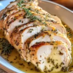 Sliced roasted turkey breast topped with herb butter sauce and fresh thyme on a white platter.