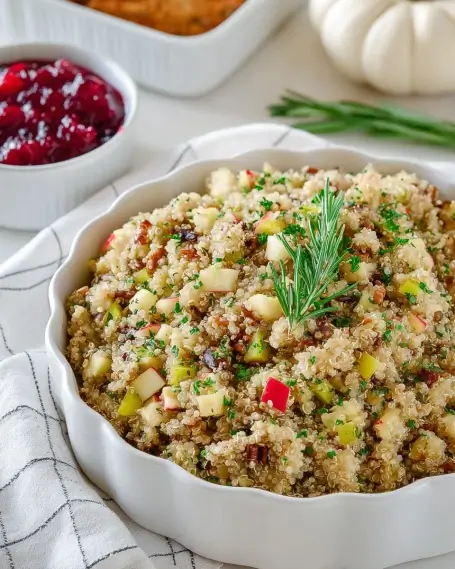 Bowl of quinoa stuffing with apples, herbs, and pecans, garnished with fresh rosemary, served as a holiday side dish.