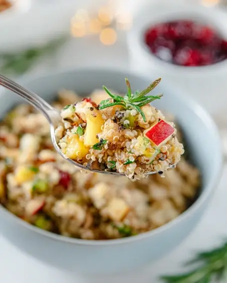 Healthy Quinoa Stuffing with Apples and Fresh Herbs Spoonful of quinoa stuffing with apples, pecans, and herbs, garnished with rosemary, served over a bowl.