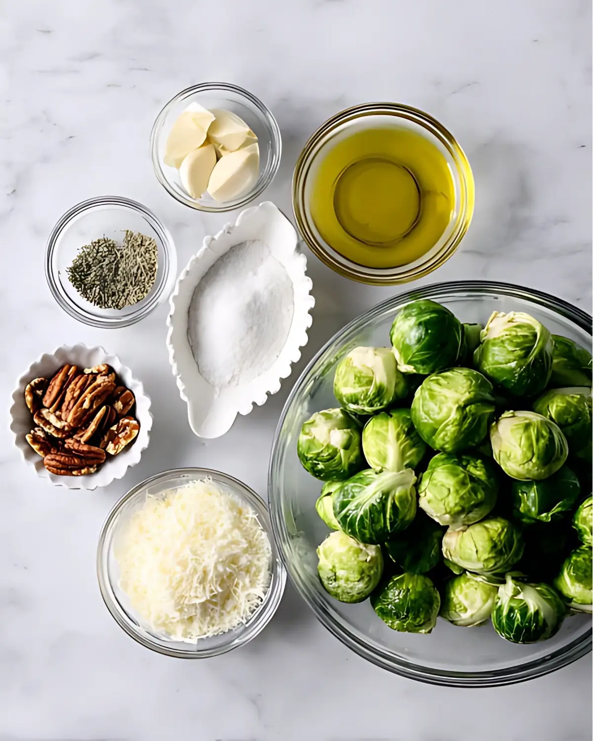 Fresh Brussels sprouts with olive oil, garlic, pecans, shredded parmesan, herbs, and salt arranged in bowls on a marble surface.