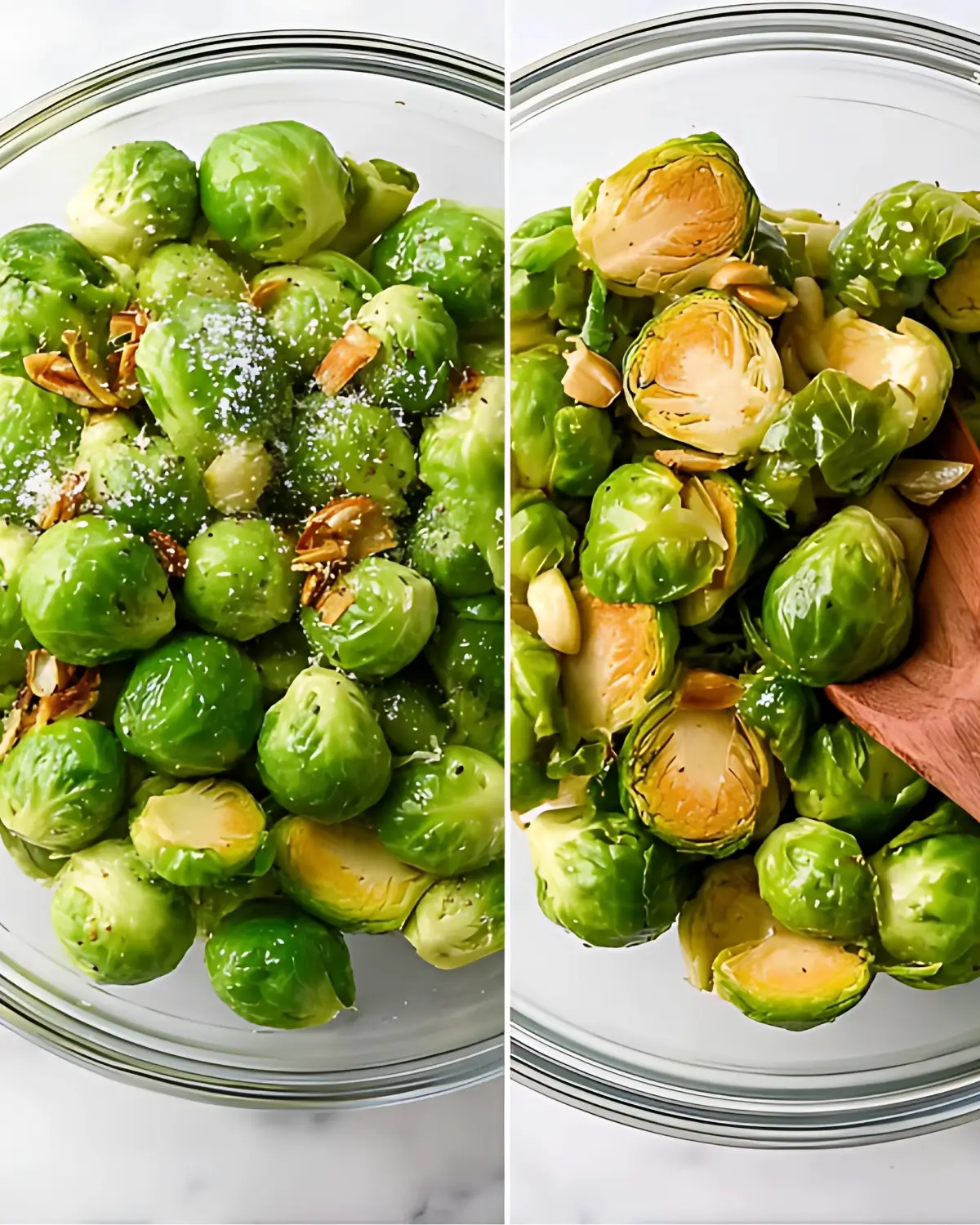 Fresh Brussels sprouts in a glass bowl, tossed with olive oil, garlic, and salt, shown before and after mixing.
