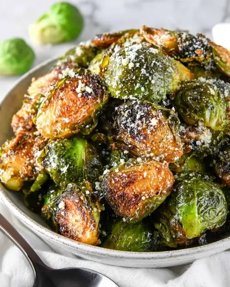 Crispy roasted Brussels sprouts served in a white bowl, sprinkled with parmesan cheese.