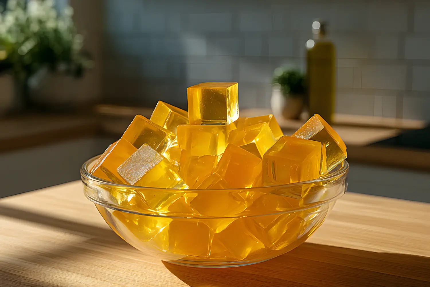 Bright yellow gelatin cubes stacked in a glass bowl on a wooden counter, glowing in natural sunlight.