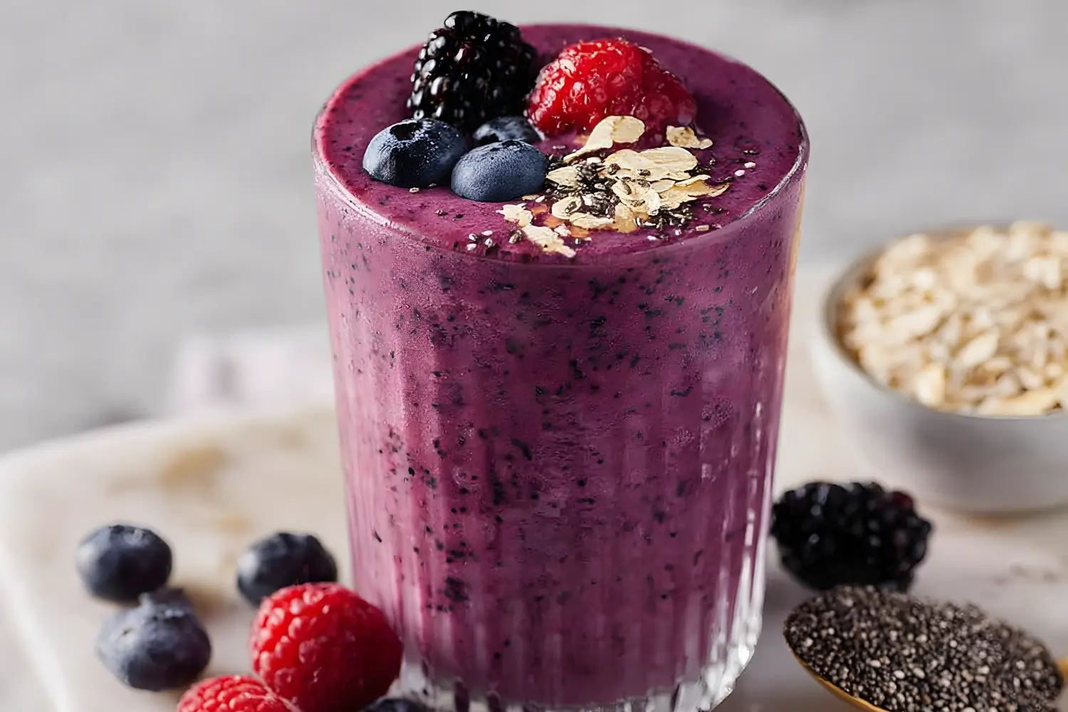 Thick mixed berry smoothie in a glass, topped with fresh raspberries, blackberries, blueberries, chia seeds, and oats.