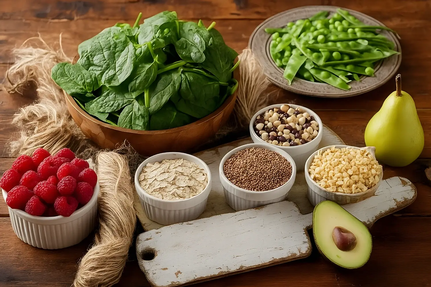Assorted high fiber foods including fresh spinach, raspberries, oats, quinoa, beans, snap peas, pear, and avocado arranged on a rustic wooden table.
