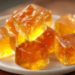 Golden gelatin cubes stacked on a white plate, glowing in warm sunlight with a glossy, translucent texture.