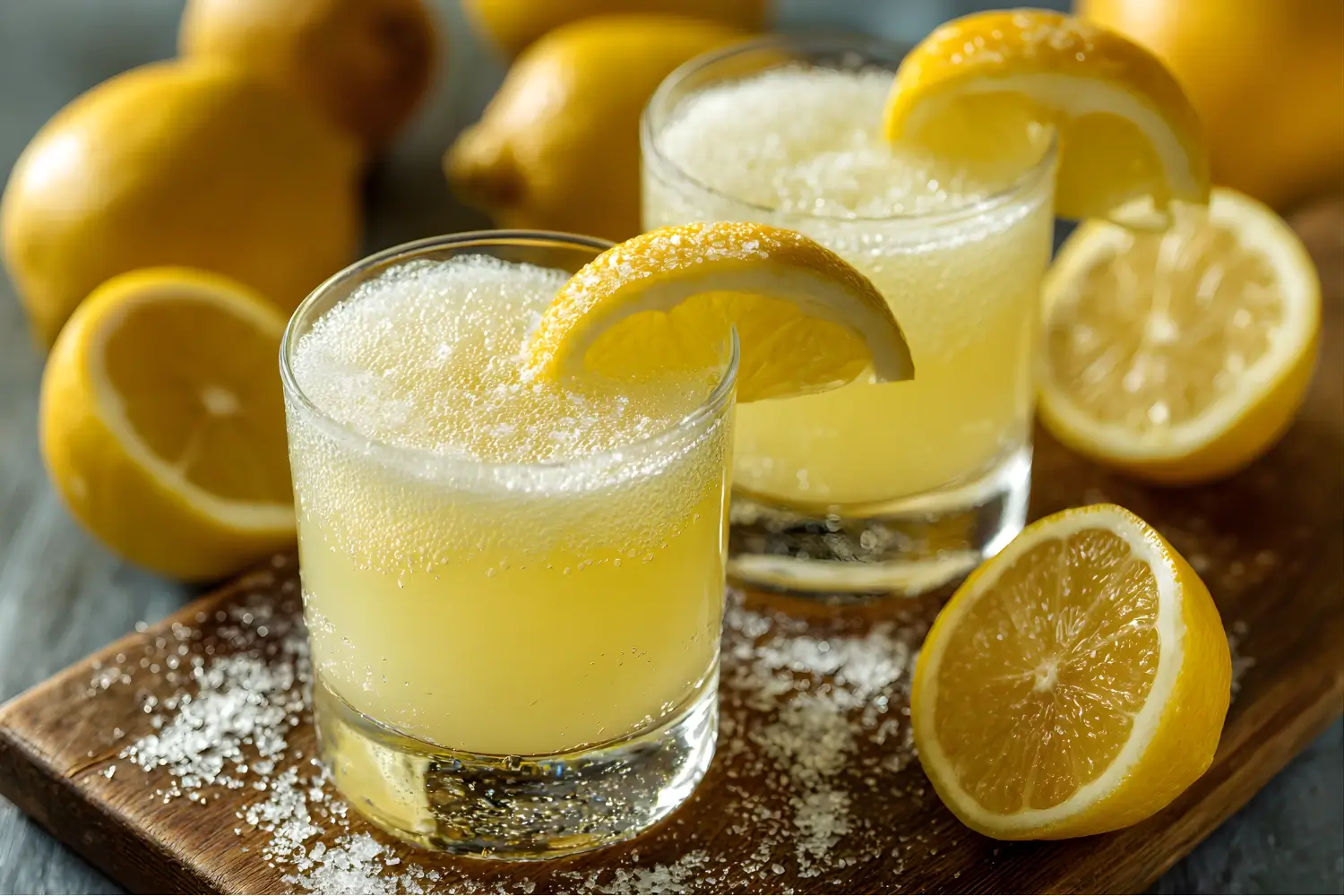 Fresh homemade lemon slush drink served in glasses with lemon slices and sugar