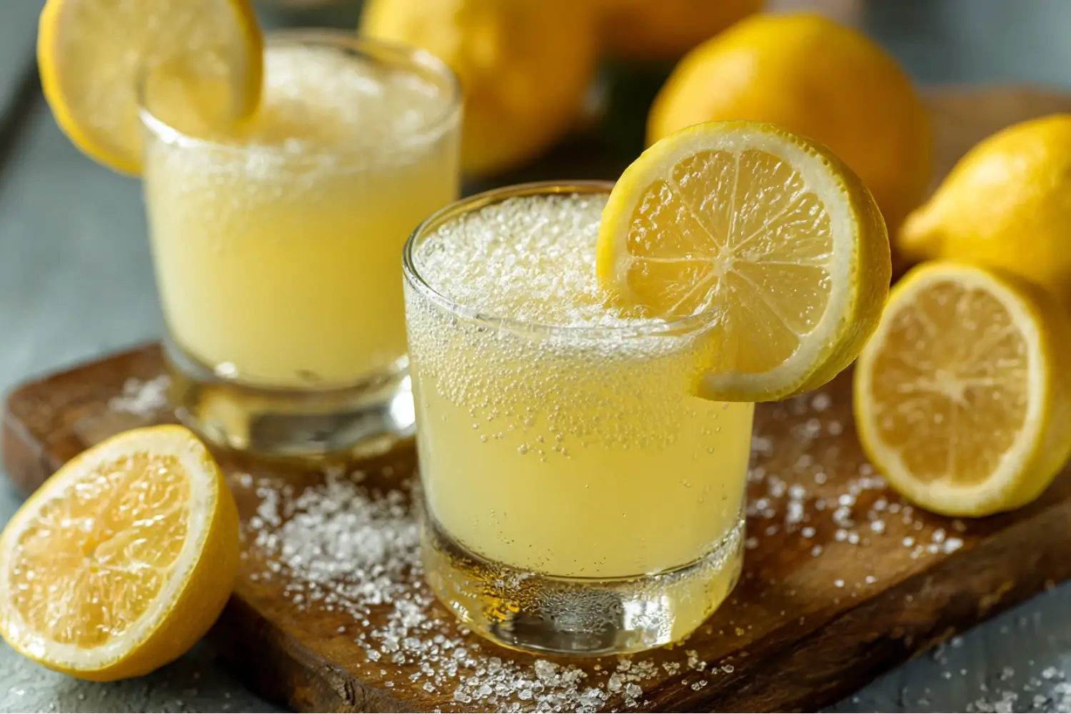 Homemade fizzy lemon drink served in clear glasses with lemon slices and sugar