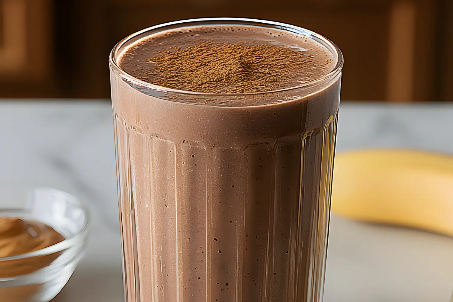 A glass of chocolate smoothie topped with a dusting of cocoa powder, with a side of peanut butter and a banana in the background.