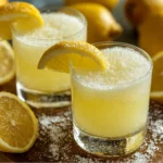 Refreshing homemade lemon fizz drink in clear glasses with lemon slices and sugar on wooden board