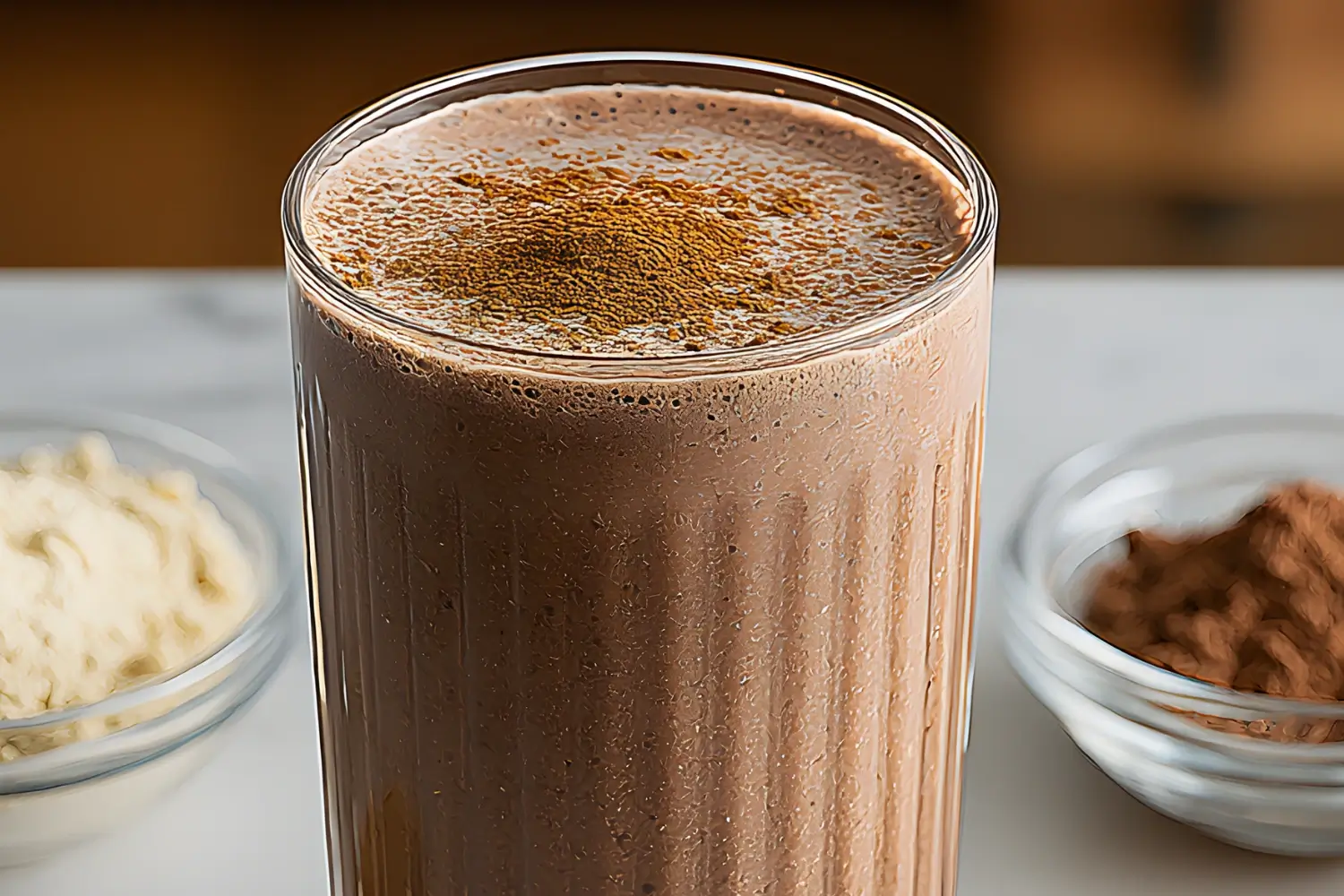 A glass of creamy chocolate smoothie topped with cocoa powder, surrounded by protein powder and cocoa powder ingredients.