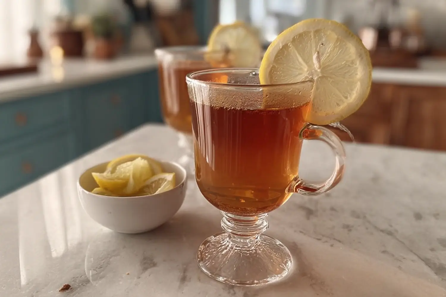 A warm cup of tea with a slice of lemon on the rim, served with a small bowl of lemon slices on a marble countertop.