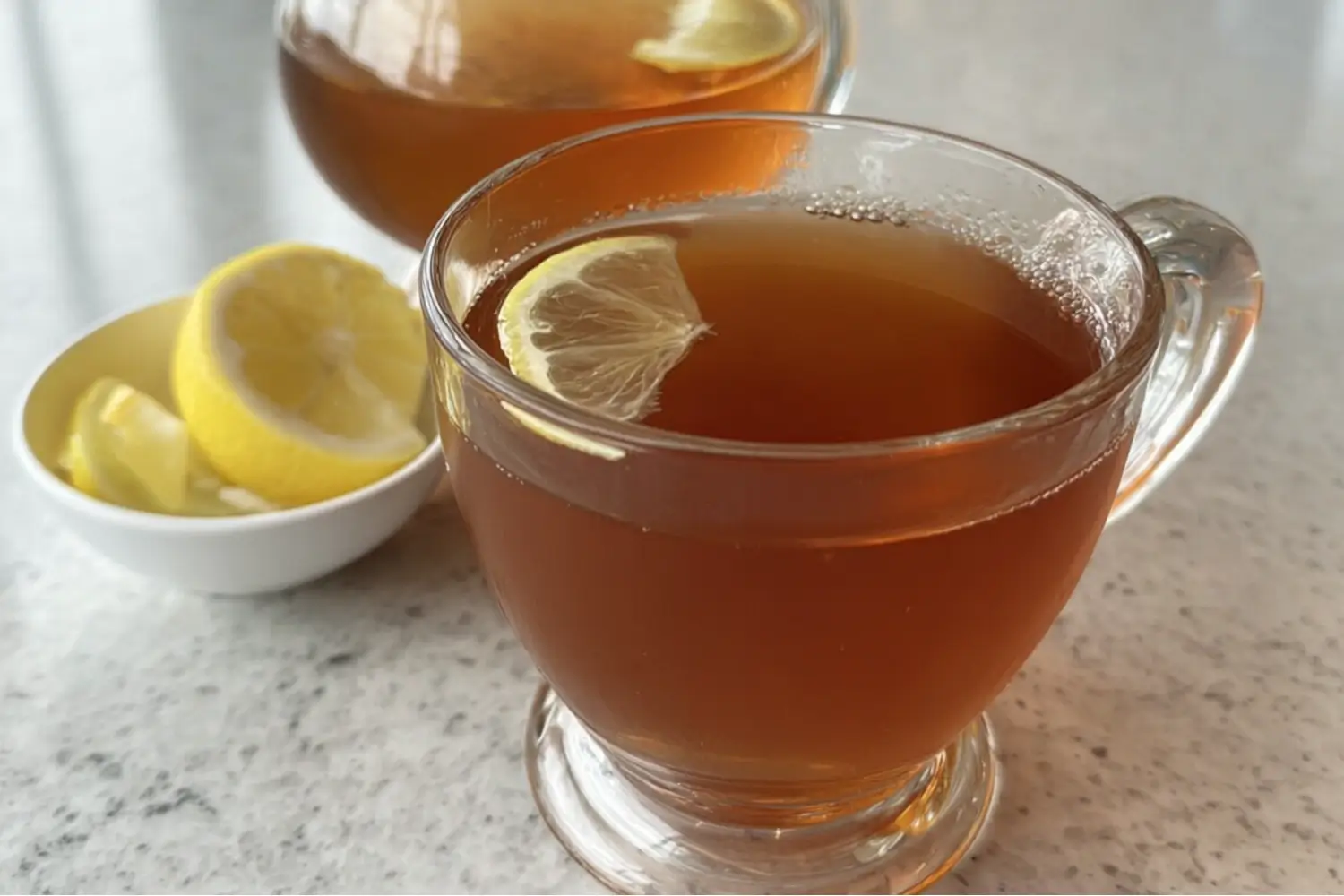 A cup of tea with a slice of lemon on the rim, accompanied by a small bowl of lemon slices on a marble countertop.