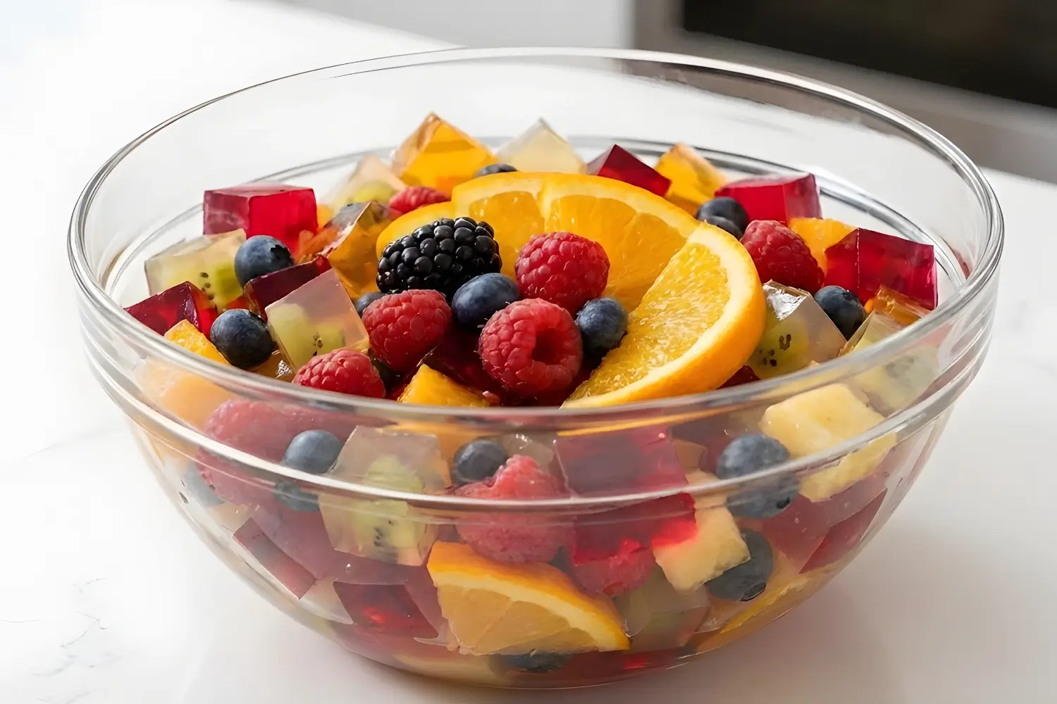 Colorful fruit salad with jelly cubes, including orange slices, raspberries, blackberries, blueberries, and kiwi.