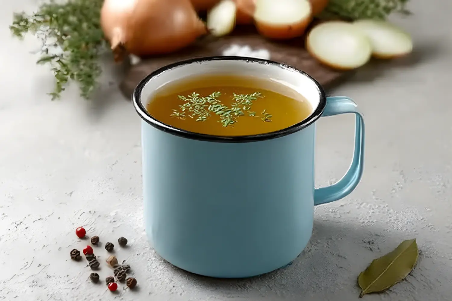 Close-up of a cup of homemade broth with herbs, surrounded by spices and fresh onions, representing Dr. Oz's 2-week rapid weight loss diet.