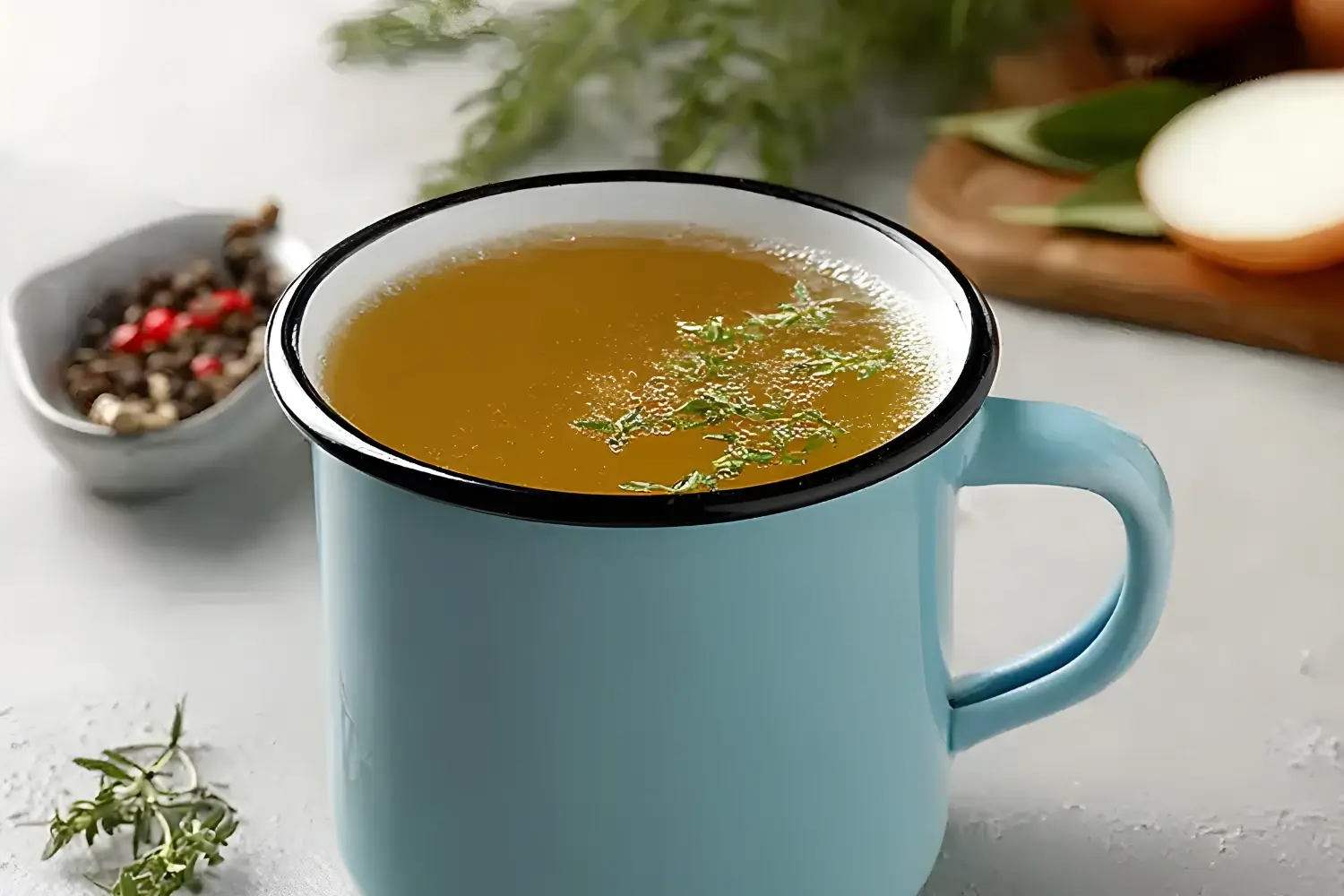 Close-up of a cup of homemade broth with herbs, surrounded by spices and fresh onions, representing Dr. Oz's 2-week rapid weight loss diet.