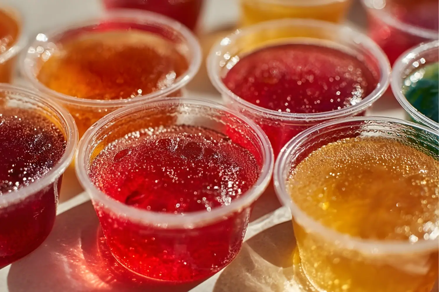gelatin-trick-recipe-colorful-cups.jpg Close-up of colorful gelatin cups with bubbles, representing the variety of flavors used in a healthy gelatin trick recipe.