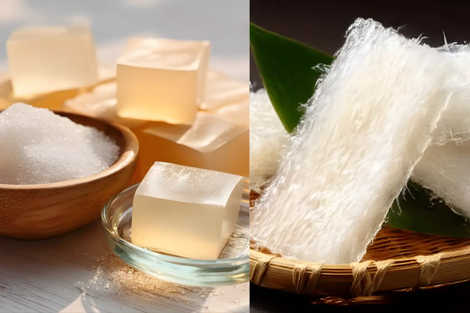 Kanten vs gelatin for weight loss comparison showing agar cubes and gelatin blocks side by side