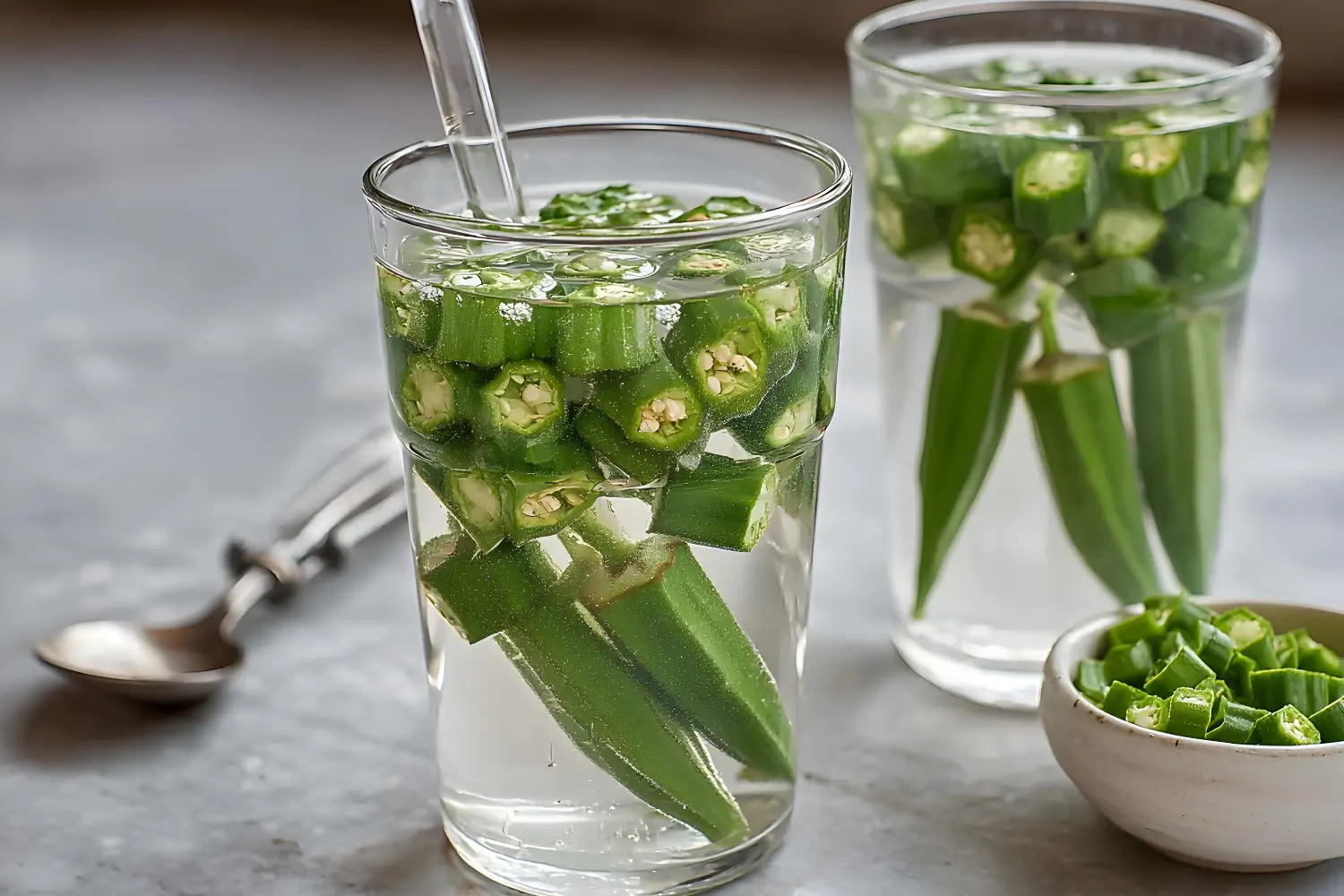 Okra slices in water, soaking to create okra water, with a bowl of sliced okra nearby.