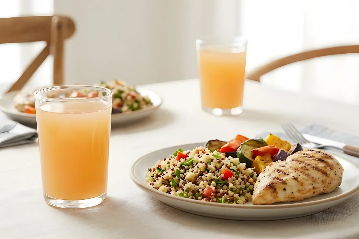 Dr. Oz apple cider vinegar drink recipe served with grilled chicken and vegetables