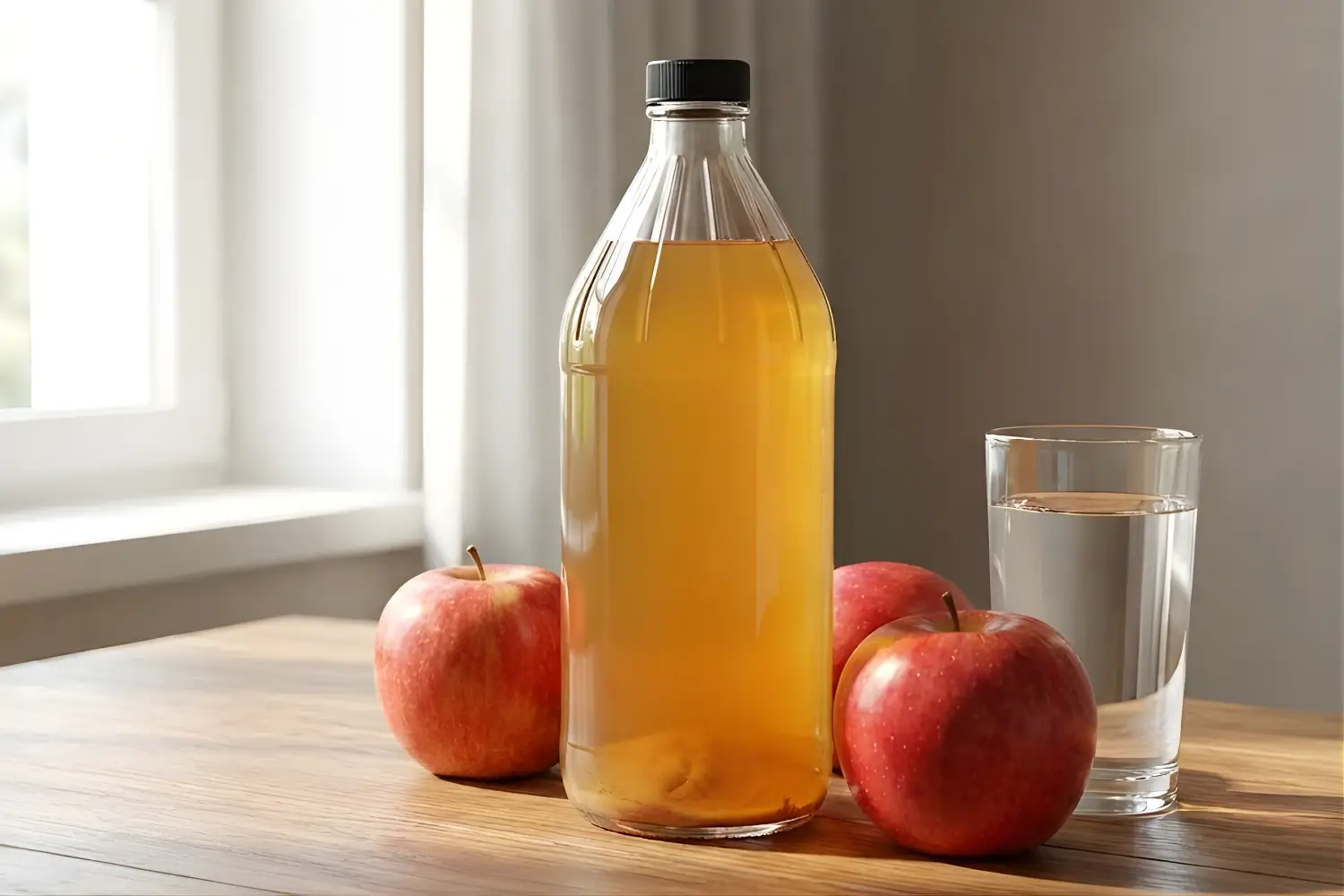 Apple cider vinegar bottle with fresh apples and water, showing how to drink apple cider vinegar for weight loss