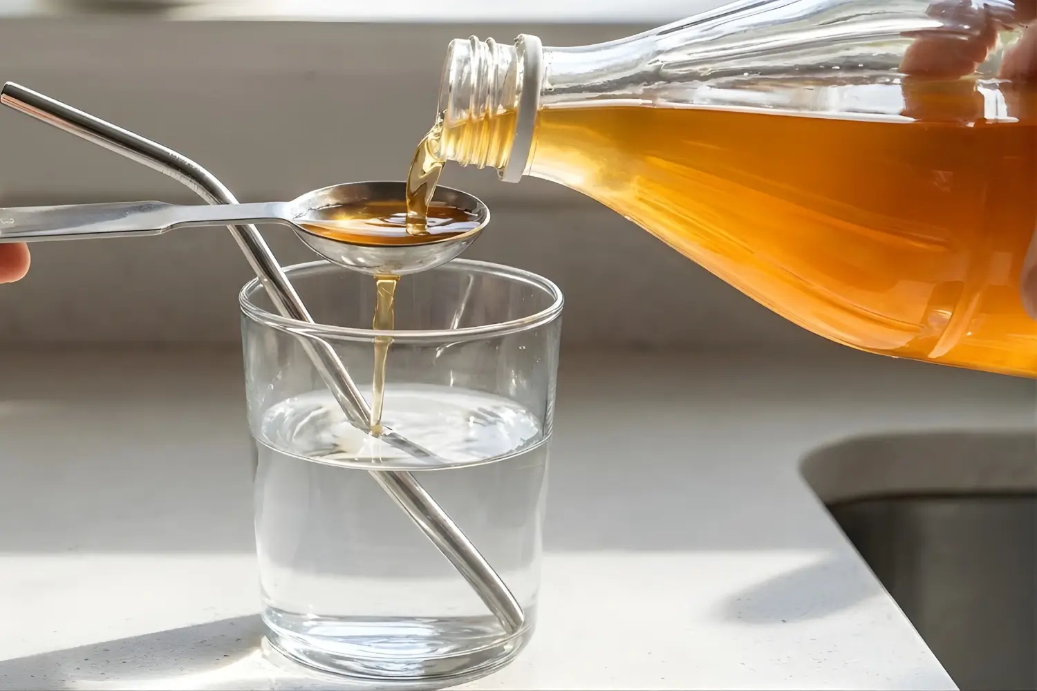 how-to-drink-apple-cider-vinegar-weight-loss-measure-step.webp Measuring apple cider vinegar with a spoon before adding it to water for a weight loss drink