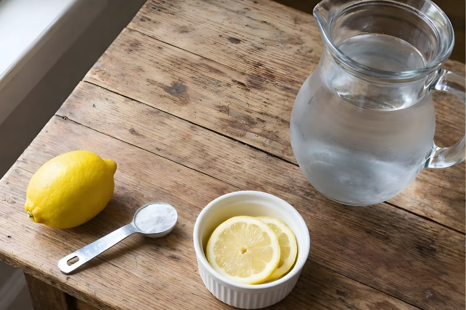 Ingredients for lemon and baking soda drink including lemon, baking soda, and a pitcher of water.
