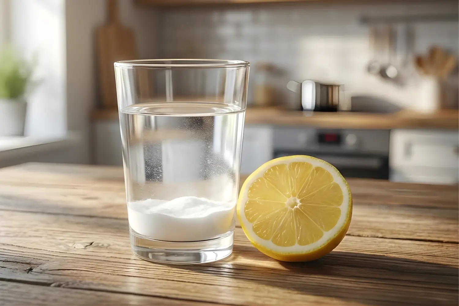 Glass of water with baking soda and a halved lemon on a wooden kitchen table for baking soda and gelatin drink