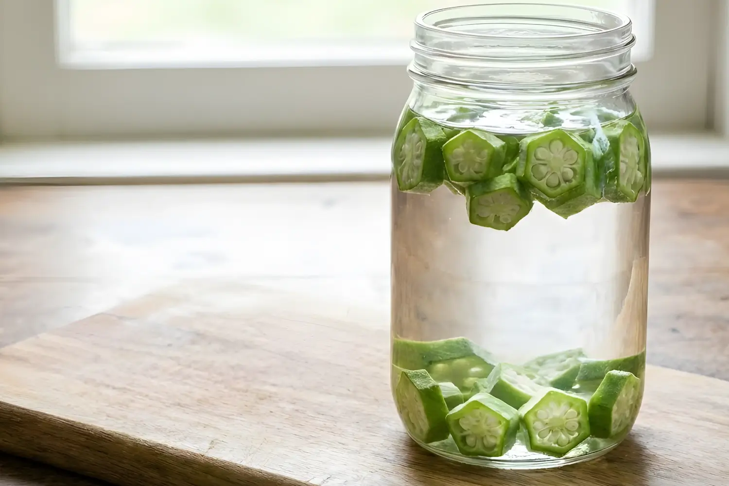 A mason jar filled with fresh okra slices in water, a natural remedy to improve lubrication and hydration.