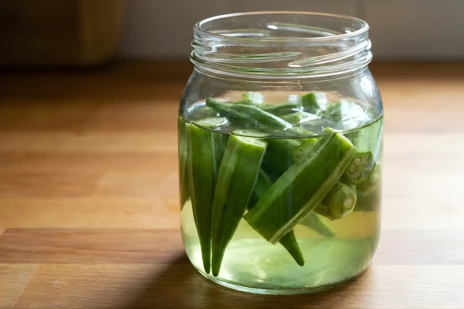 A jar filled with okra soaked in water, a natural remedy to help with kidney stones, capturing the freshness of the green vegetable.