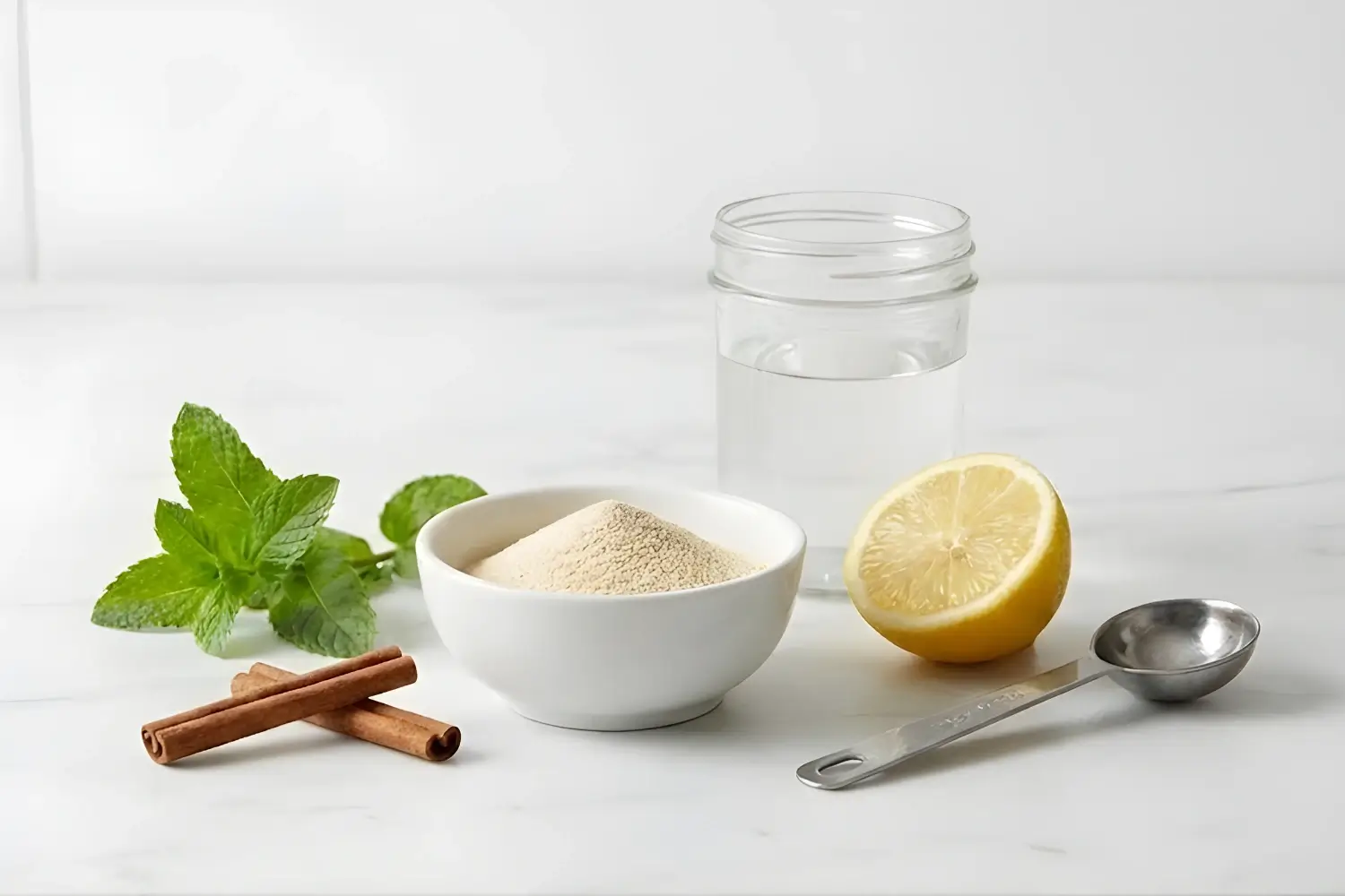 Ingredients for viral gelatin weight loss recipe including gelatin powder, lemon, cinnamon sticks, mint, and water